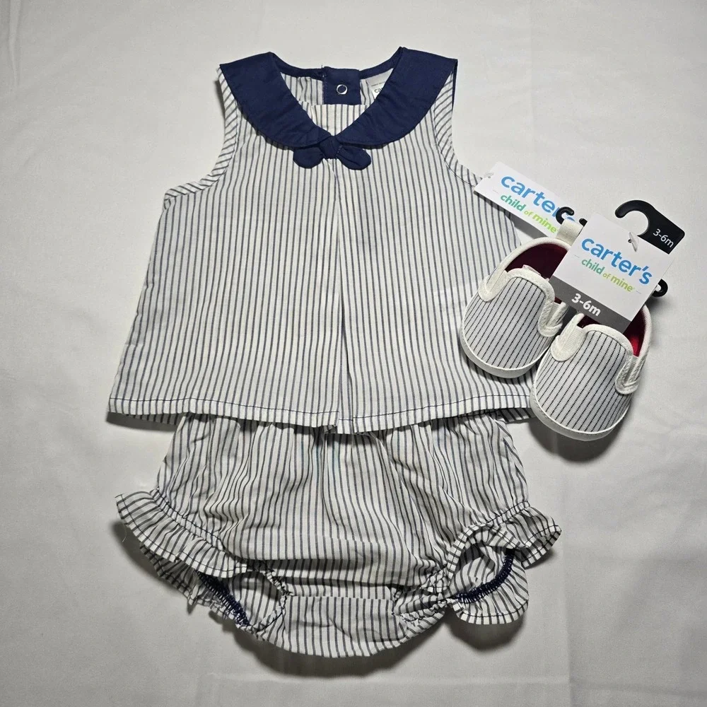 Carters Baby Girls 3 Piece Set Top Navy Sailor Shoes Blue Stripe 3-6M NWT